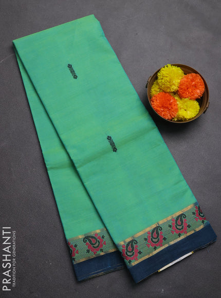 Chettinad cotton saree light green and peacock blue with thread woven buttas and small thread woven border