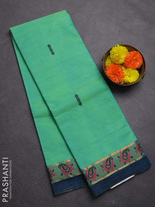 Chettinad cotton saree light green and peacock blue with thread woven buttas and small thread woven border