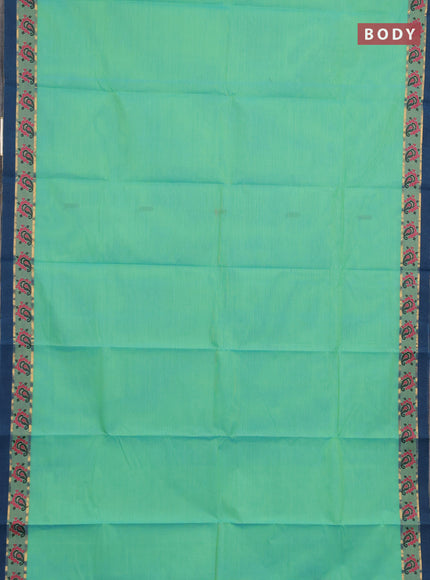 Chettinad cotton saree light green and peacock blue with thread woven buttas and small thread woven border