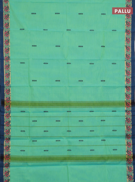 Chettinad cotton saree light green and peacock blue with thread woven buttas and small thread woven border