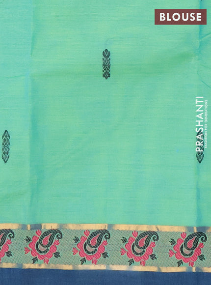 Chettinad cotton saree light green and peacock blue with thread woven buttas and small thread woven border