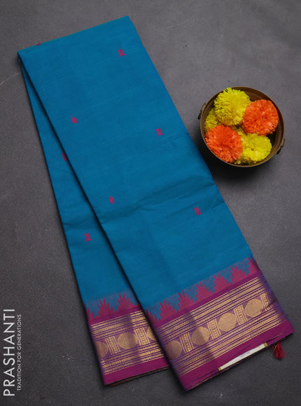 Chettinad cotton saree cs blue and purple with thread woven buttas and zari woven border