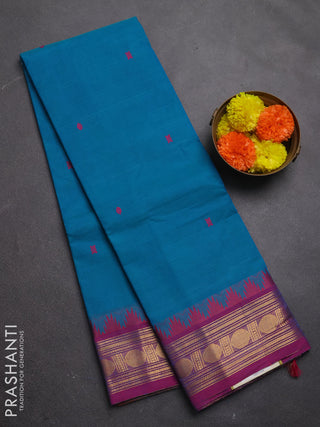 Chettinad cotton saree cs blue and purple with thread woven buttas and zari woven border