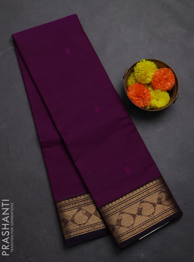 Chettinad cotton saree magenta pink and coffee brown with thread woven buttas and zari woven border