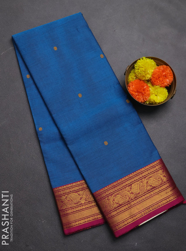 Chettinad cotton saree cs blue and magenta pink with thread woven buttas and zari woven border