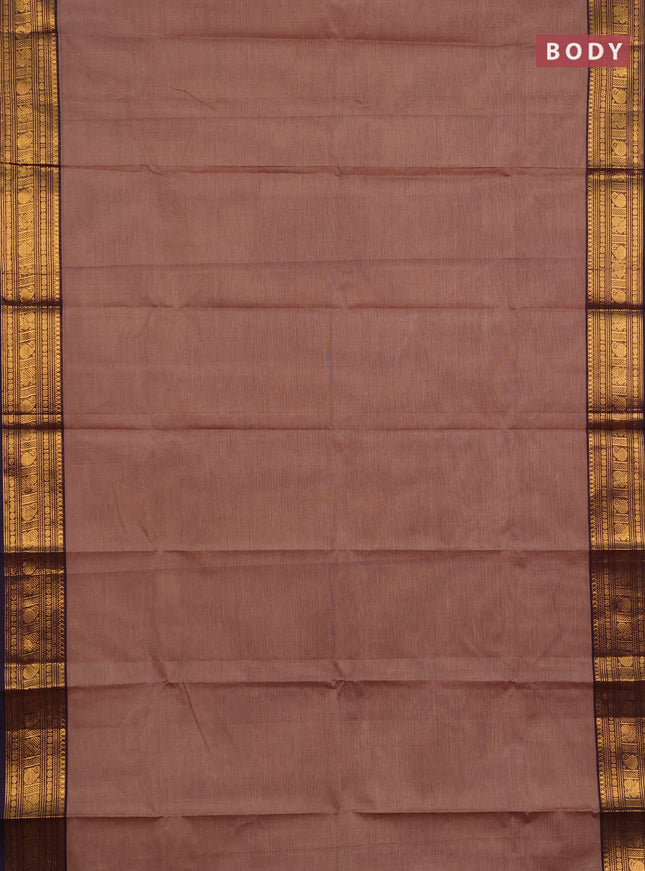 Chettinad cotton saree chikku shade and navy blue with plain body and zari woven border
