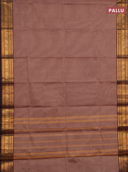 Chettinad cotton saree chikku shade and navy blue with plain body and zari woven border