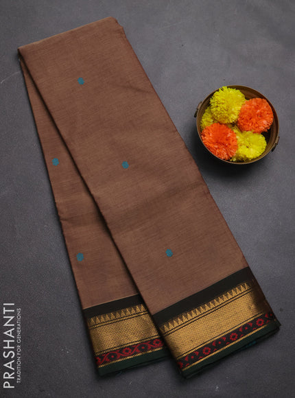Chettinad cotton saree chikku shade and green with plain body and zari woven border