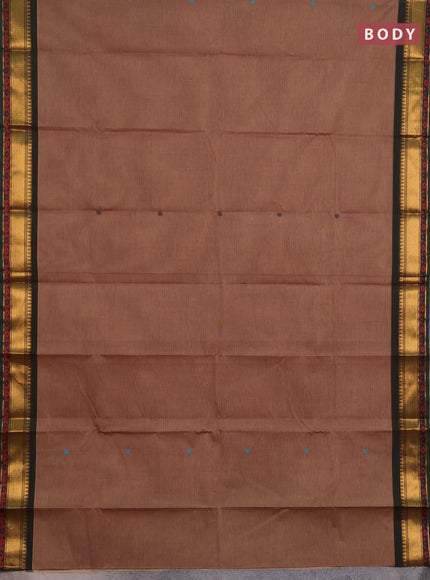 Chettinad cotton saree chikku shade and green with plain body and zari woven border