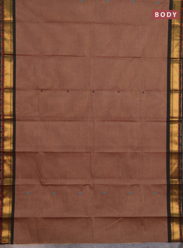 Chettinad cotton saree chikku shade and green with plain body and zari woven border