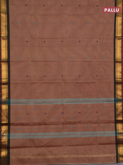 Chettinad cotton saree chikku shade and green with plain body and zari woven border