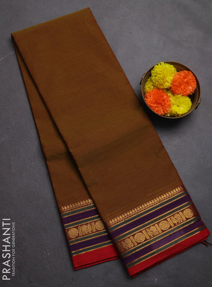 Chettinad cotton saree mustard green and red with plain body and zari woven border