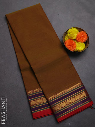 Chettinad cotton saree mustard green and red with plain body and zari woven border