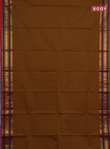 Chettinad cotton saree mustard green and red with plain body and zari woven border