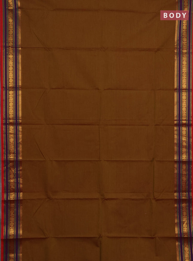Chettinad cotton saree mustard green and red with plain body and zari woven border