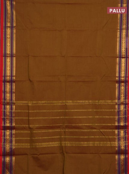 Chettinad cotton saree mustard green and red with plain body and zari woven border