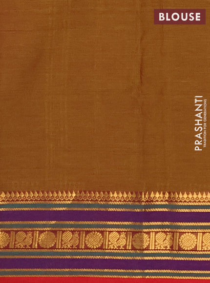 Chettinad cotton saree mustard green and red with plain body and zari woven border