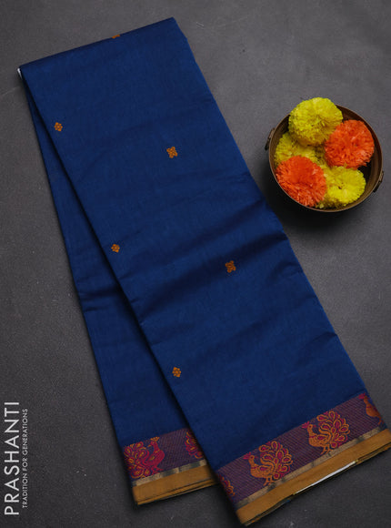 Chettinad cotton saree peacock blue and mustard yellow with thread woven buttas and thread woven border