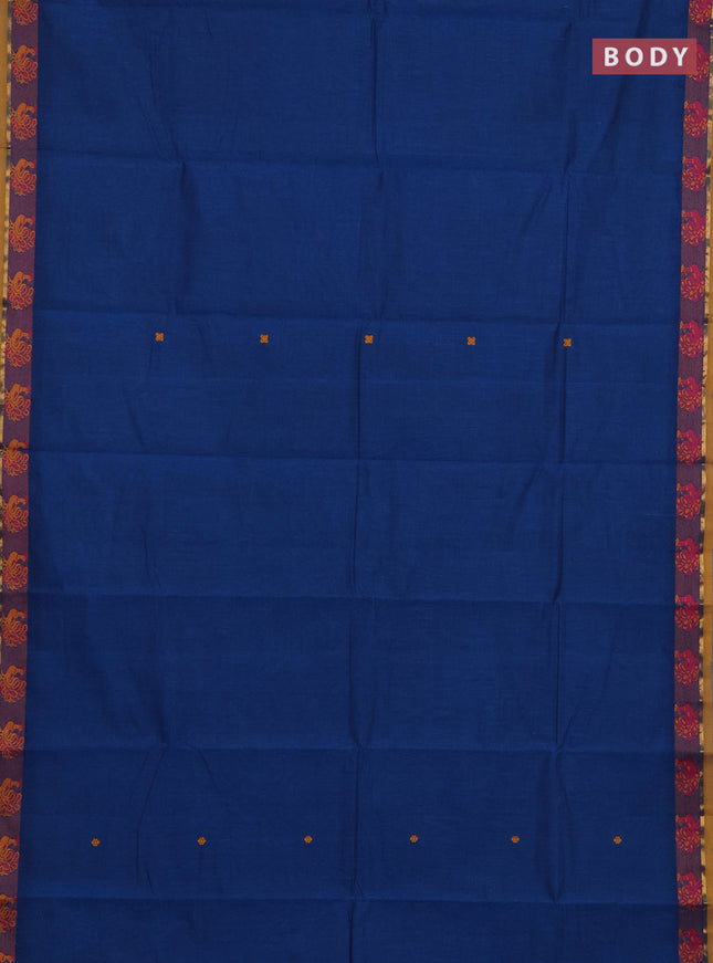 Chettinad cotton saree peacock blue and mustard yellow with thread woven buttas and thread woven border