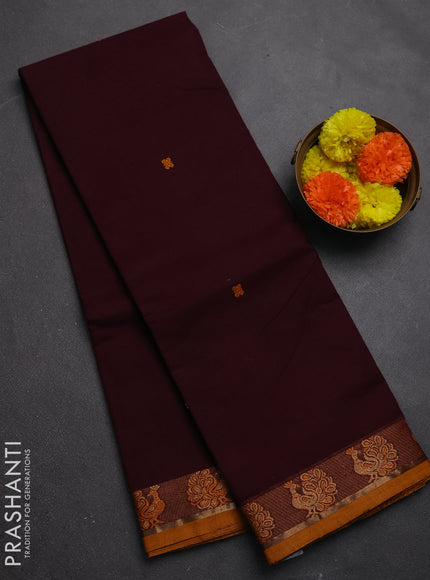 Chettinad cotton saree deep wine and mustard yellow with thread woven buttas and thread woven border