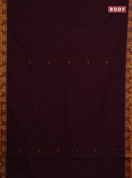 Chettinad cotton saree deep wine and mustard yellow with thread woven buttas and thread woven border
