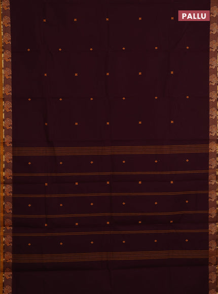 Chettinad cotton saree deep wine and mustard yellow with thread woven buttas and thread woven border