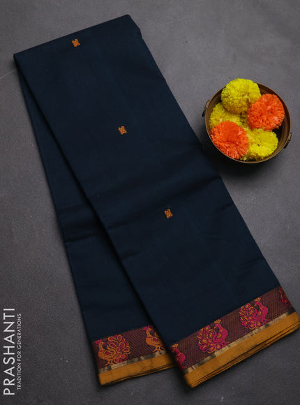 Chettinad cotton saree peacock green and mustard yellow with thread woven buttas and thread woven border