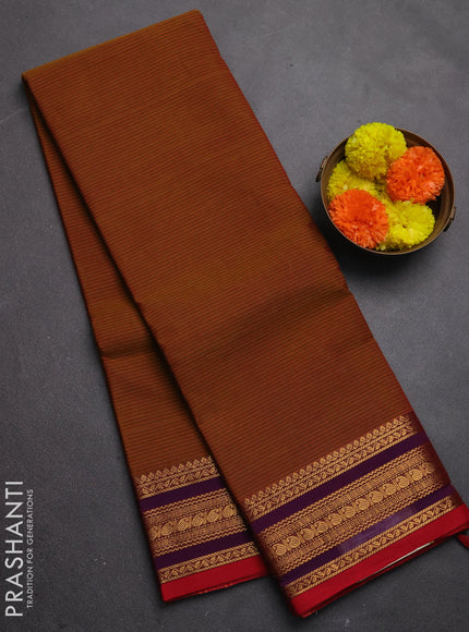 Chettinad cotton saree dark mustard and purple with allover thread weaves pattern and zari woven border