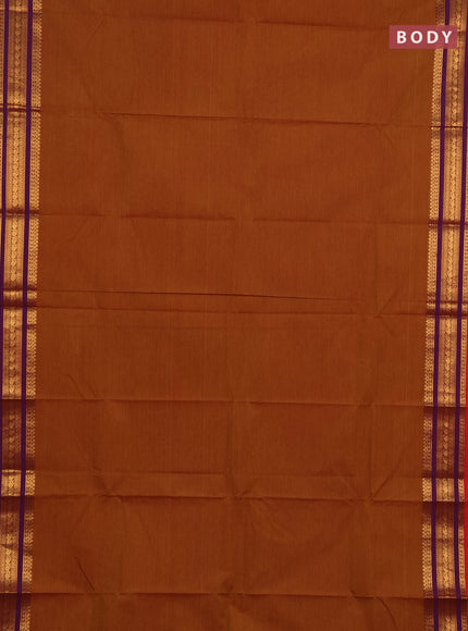 Chettinad cotton saree dark mustard and purple with allover thread weaves pattern and zari woven border