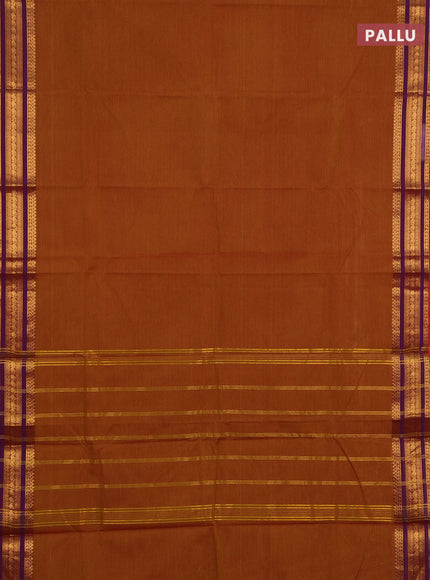 Chettinad cotton saree dark mustard and purple with allover thread weaves pattern and zari woven border