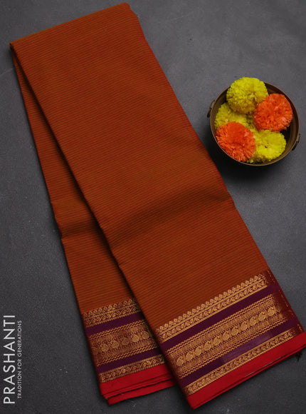 Chettinad cotton saree rust shade and purple with allover thread weaves pattern and zari woven border