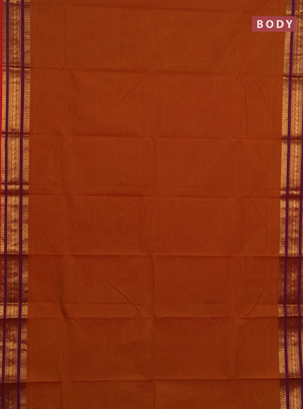 Chettinad cotton saree rust shade and purple with allover thread weaves pattern and zari woven border
