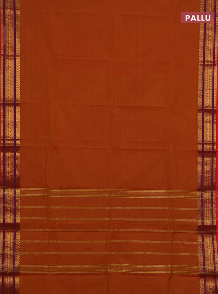 Chettinad cotton saree rust shade and purple with allover thread weaves pattern and zari woven border