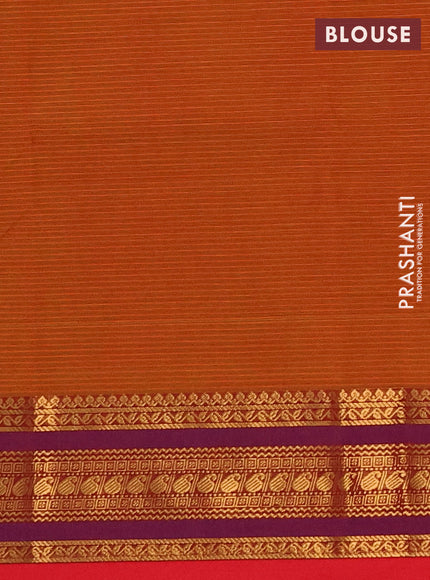 Chettinad cotton saree rust shade and purple with allover thread weaves pattern and zari woven border