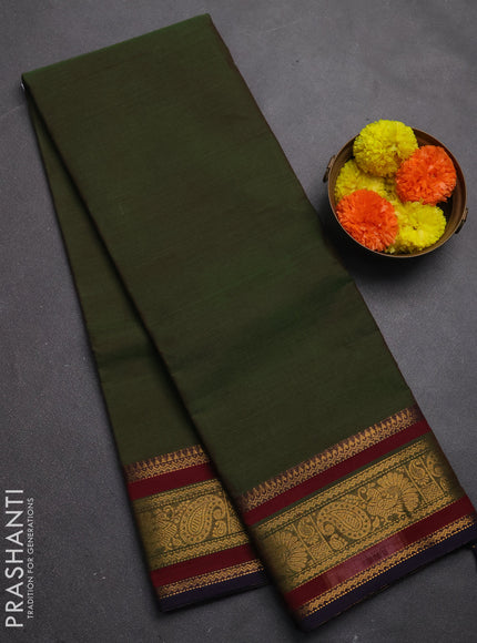 Chettinad cotton saree mehendi green and maroon with plain body and zari woven border