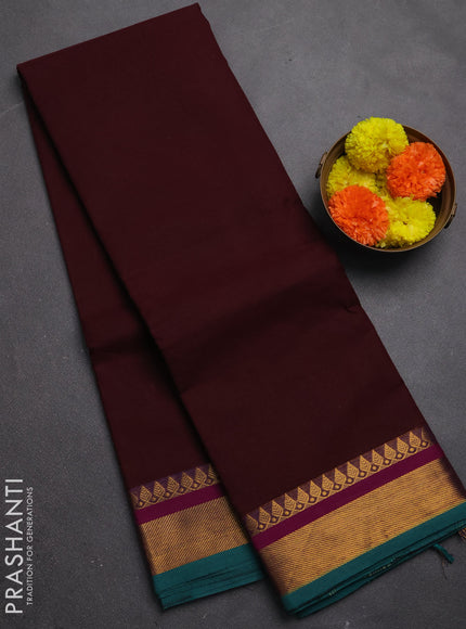 Chettinad cotton saree coffee brown and peacock green with plain body and zari woven border