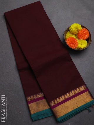 Chettinad cotton saree coffee brown and peacock green with plain body and zari woven border