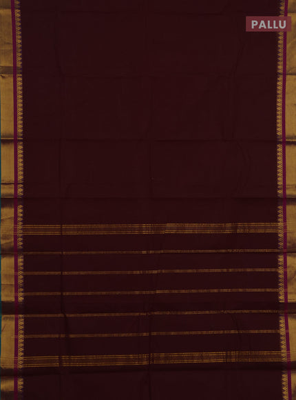 Chettinad cotton saree coffee brown and peacock green with plain body and zari woven border