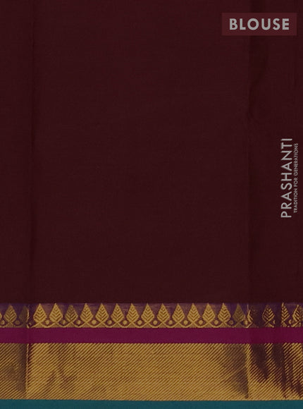 Chettinad cotton saree coffee brown and peacock green with plain body and zari woven border