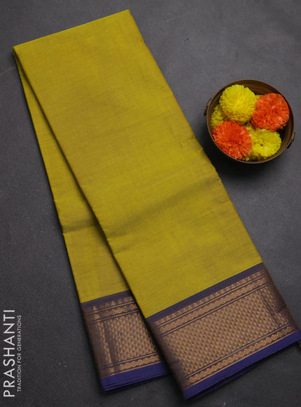 Chettinad cotton saree fluorescent green and blue with plain body and zari woven border