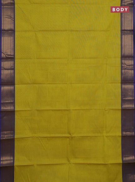 Chettinad cotton saree fluorescent green and blue with plain body and zari woven border