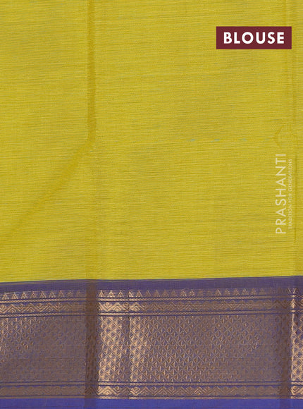 Chettinad cotton saree fluorescent green and blue with plain body and zari woven border