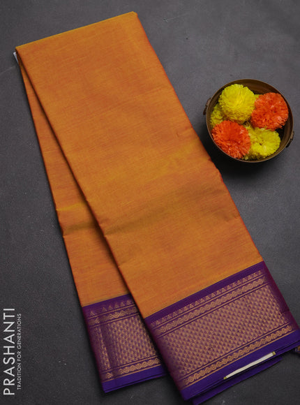 Chettinad cotton saree mustard yellow and blue with plain body and zari woven border