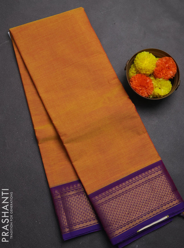 Chettinad cotton saree mustard yellow and blue with plain body and zari woven border