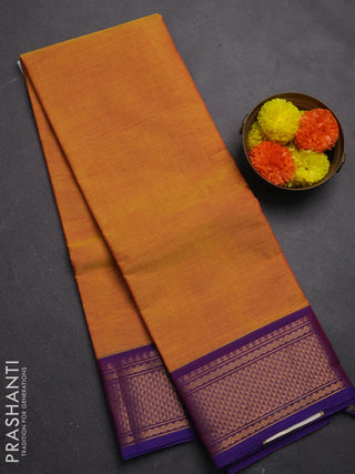 Chettinad cotton saree mustard yellow and blue with plain body and zari woven border