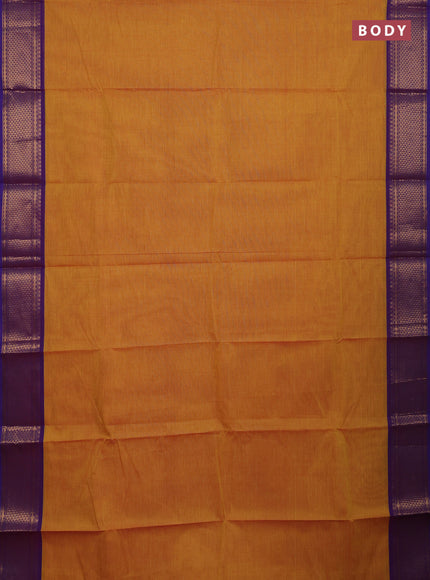 Chettinad cotton saree mustard yellow and blue with plain body and zari woven border