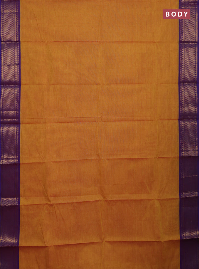 Chettinad cotton saree mustard yellow and blue with plain body and zari woven border