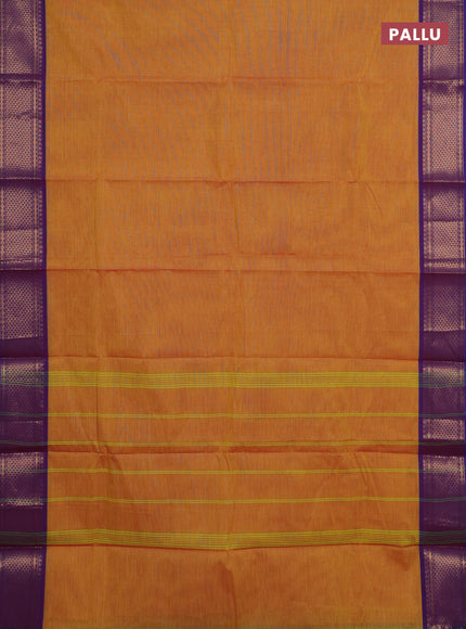 Chettinad cotton saree mustard yellow and blue with plain body and zari woven border