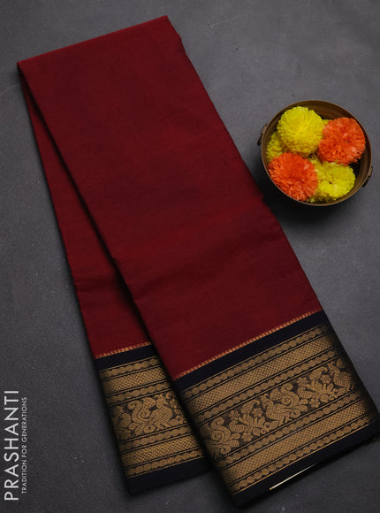 Chettinad cotton saree maroon and black with plain body and zari woven border