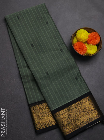 Chettinad cotton saree greyish green and black with thread stripe & buttas and zari woven border